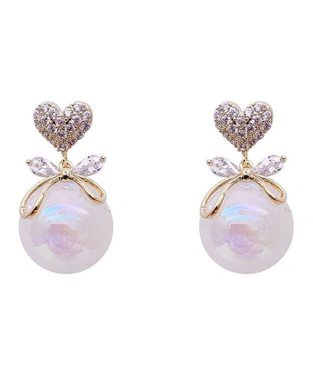 White Copper Overgild 14k Gold Pearl Zircon Bow Drop Earrings