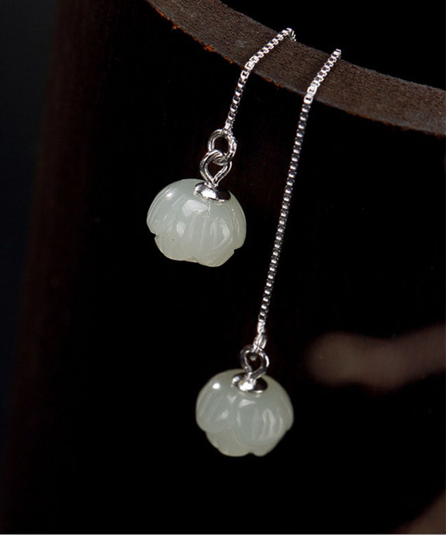 White Sterling Silver Inlaid Jade Lotus Drop Earrings