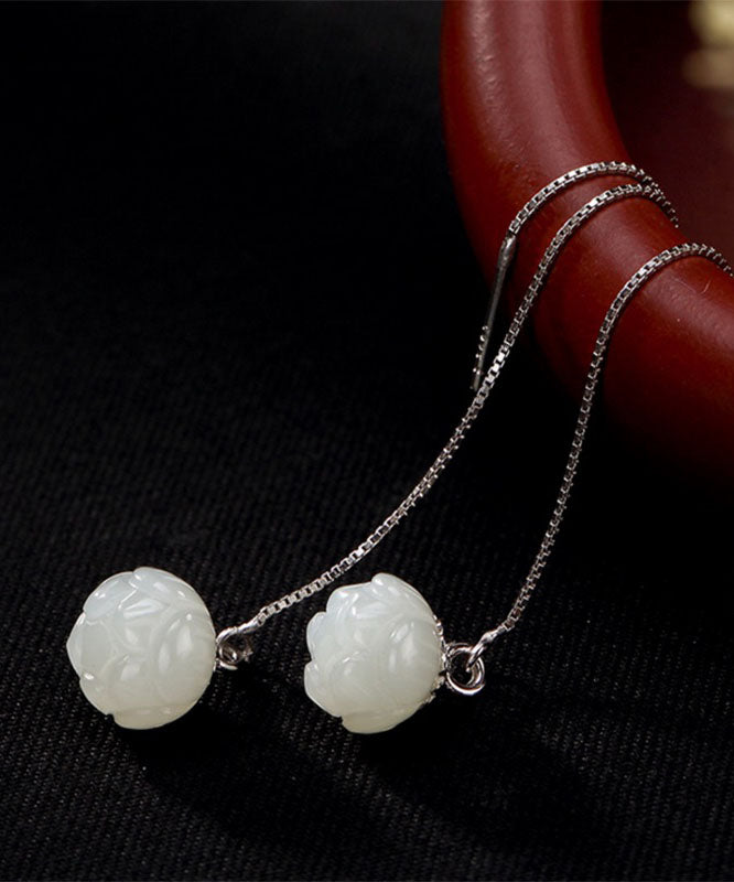 White Sterling Silver Inlaid Jade Lotus Drop Earrings