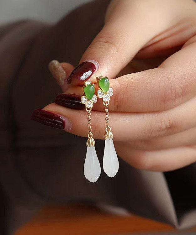 White Sterling Silver Overgild Jade Magnolia Drop Earrings