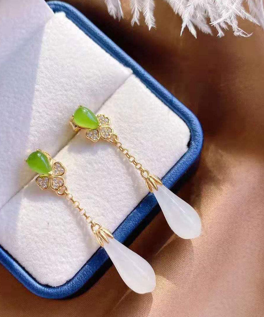 White Sterling Silver Overgild Jade Magnolia Drop Earrings