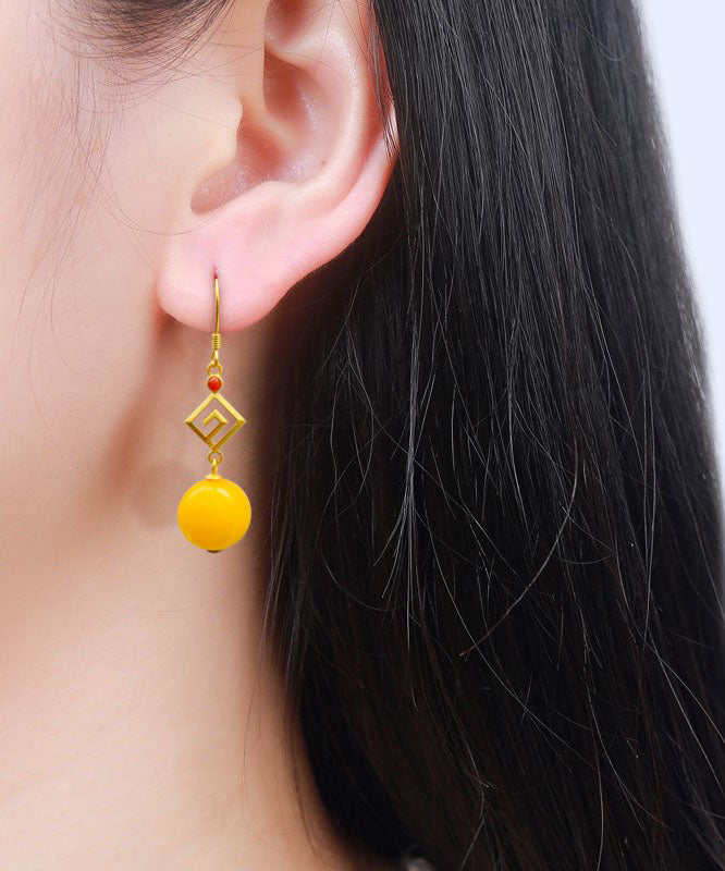 Yellow Sterling Silver Overgild Beeswax Agate Drop Earrings