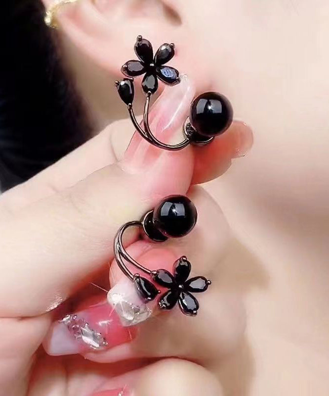 Fine Black Alloy Inlaid Gem Stone Stud Earrings Gh1086