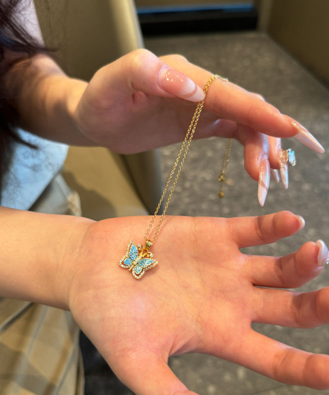 Fine Blue Ancient Dharma Gold Zircon Butterfly Pendant Necklace Ac1076