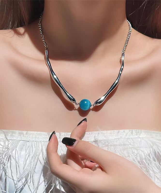 Fine Blue Metal Asymmetric Beads Pendant Necklace Ra009