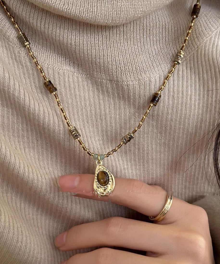 Fine Coffee Copper Crystal Tiger Eye Stone Pendant Necklace Two Piece Set Qz010