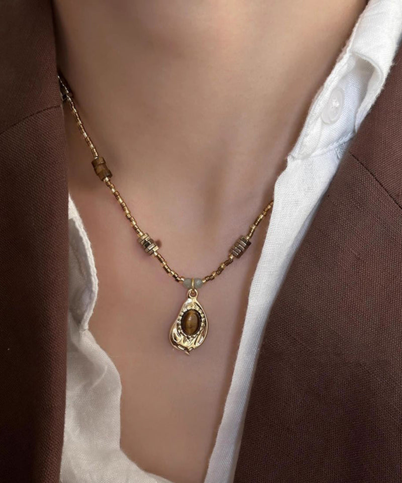 Fine Coffee Copper Crystal Tiger Eye Stone Pendant Necklace Two Piece Set Qz010