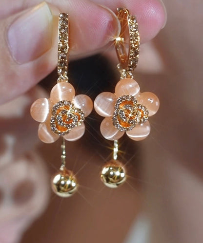 Fine Gold Alloy Zircon Cat Eye Stone Drop Earrings