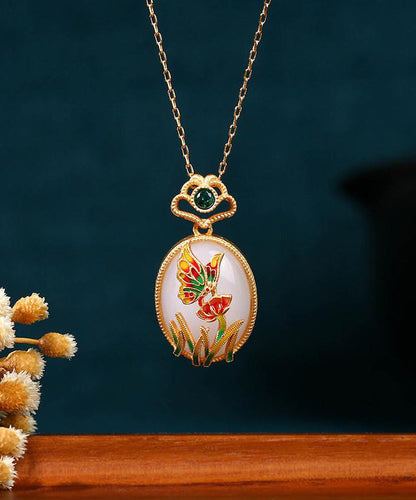Fine Gold Copper Overgild Jade Crystal Butterfly Pendant Necklace