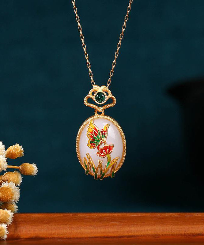 Fine Gold Copper Overgild Jade Crystal Butterfly Pendant Necklace Kx1069