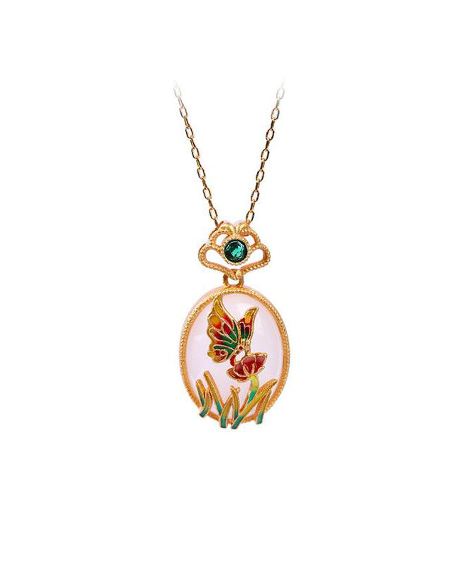 Fine Gold Copper Overgild Jade Crystal Butterfly Pendant Necklace Kx1069