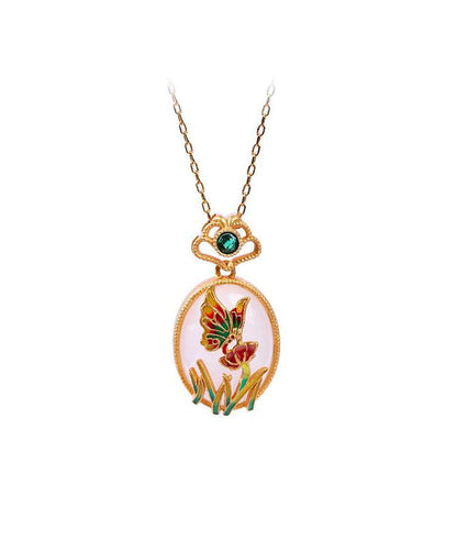 Fine Gold Copper Overgild Jade Crystal Butterfly Pendant Necklace Kx1069