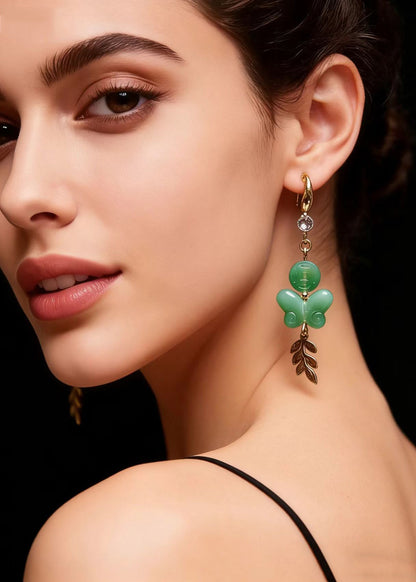 Fine Green Butterfly Jade Zircon Drop Earrings