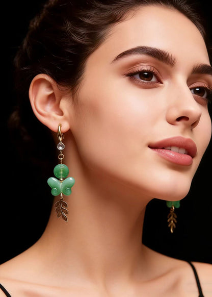 Fine Green Butterfly Jade Zircon Drop Earrings