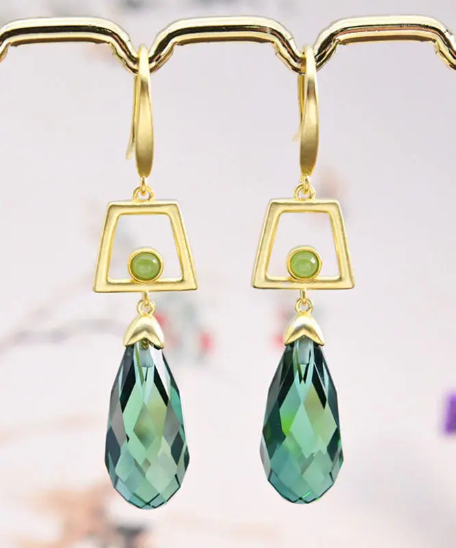 Sterling Silver Overgild Inlaid Crystal Jade Drop Earrings