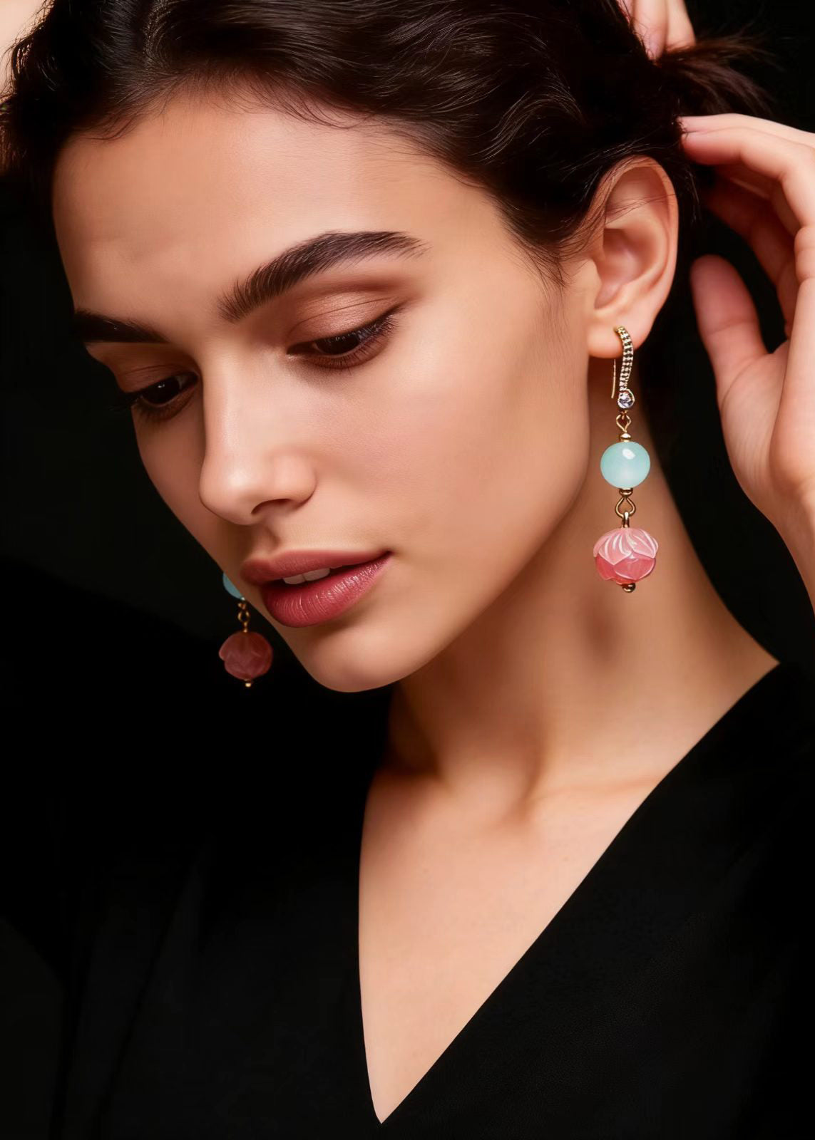 Fine Pink Flower Zircon Jade Drop Earrings