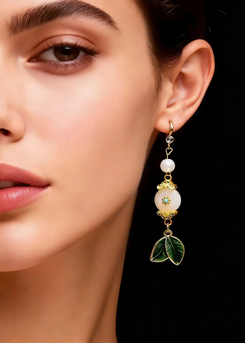 Fine White Jade Green Leaf Metal Drop Earrings