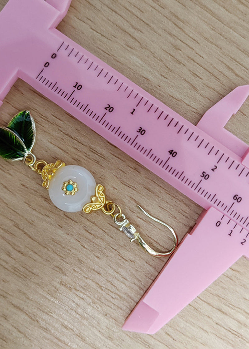 Fine White Jade Green Leaf Metal Drop Earrings