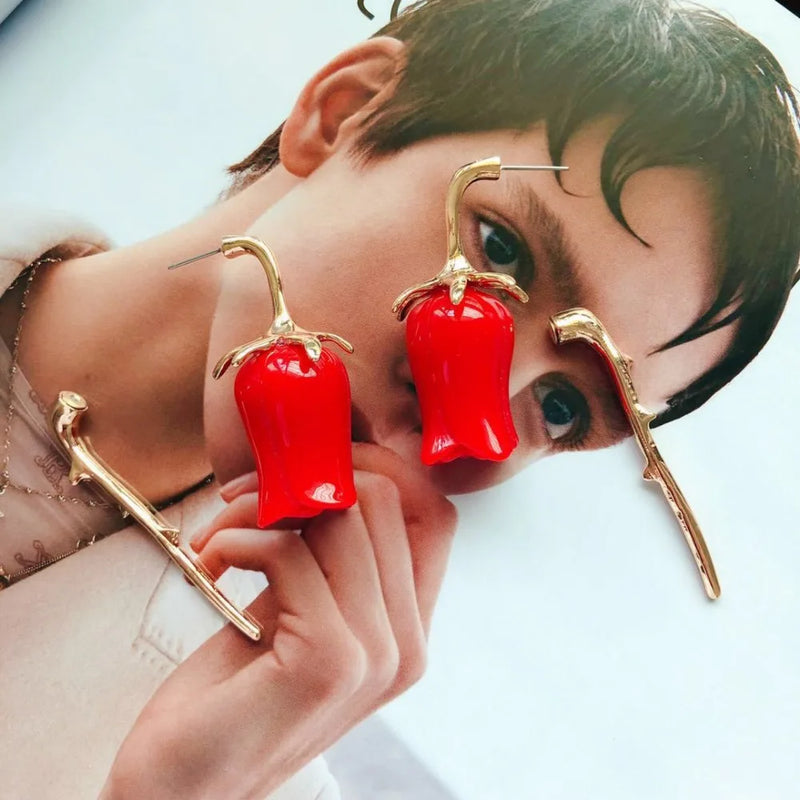 Dangle Red Tulip Earrings