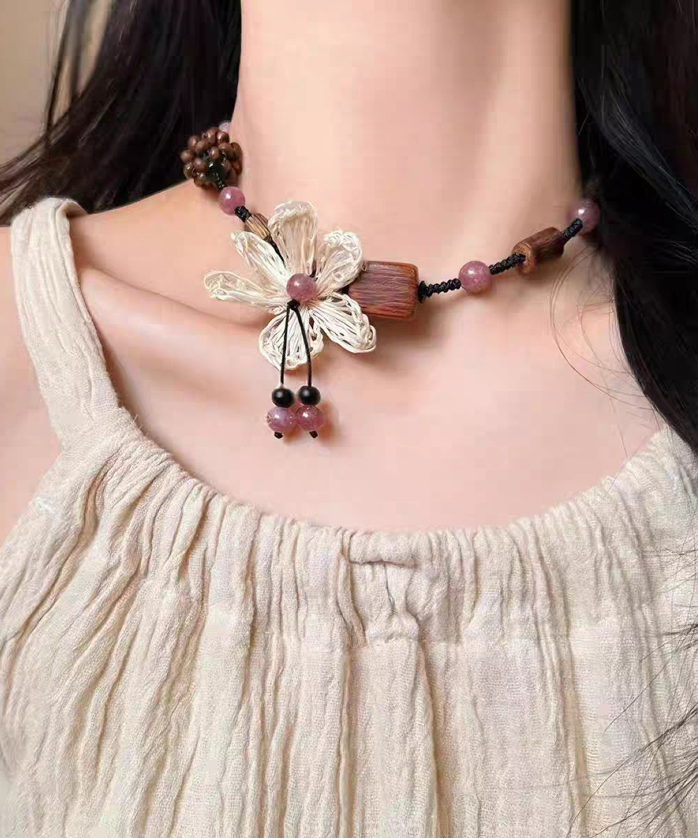 Handmade Black Braided Rope Coloured Glaze Wood Gratuated Bead Necklace
