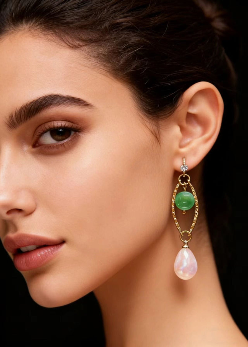 Handmade White Teardrop Gem Stone Boutique Jade Drop Earrings