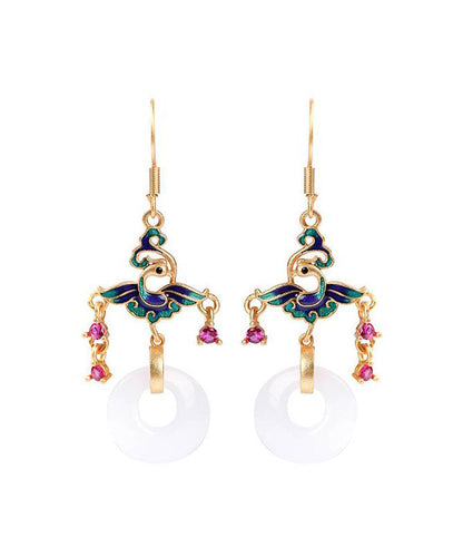 Loose White Ancient Gold Jade Enamel Ping Buckle Drop Earrings