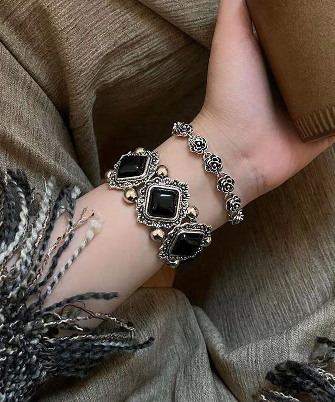Modern Black Sterling Silver Gem Stone Two-piece Set Chain Bracelet