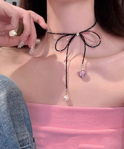 Modern Black Zircon Beading Bow Tie Lace Pearl Love Pendant Necklace Ya014