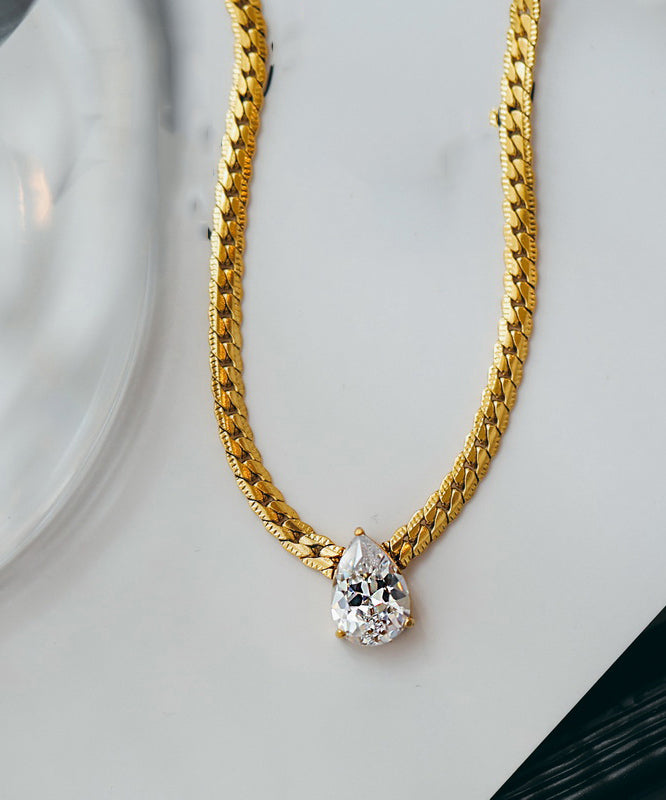 Modern Gold Copper Overgild 14k Gold Zircon Water Drop Pendant Necklace Yi039