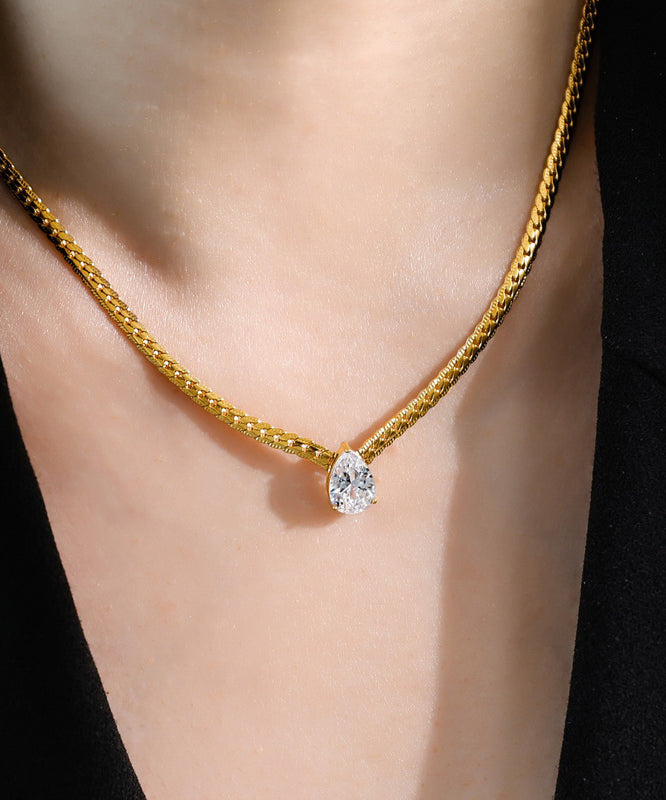 Modern Gold Copper Overgild 14k Gold Zircon Water Drop Pendant Necklace Yi039