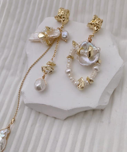 Modern Gold Copper Overgild Asymmetrica Pearl Tassel Drop Earrings
