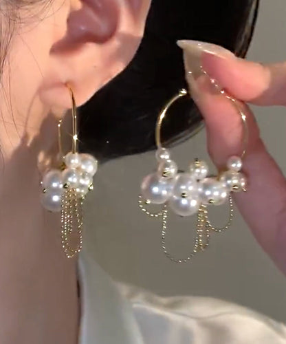 Modern Gold Copper Overgild Pearl Tassel Hoop Earrings