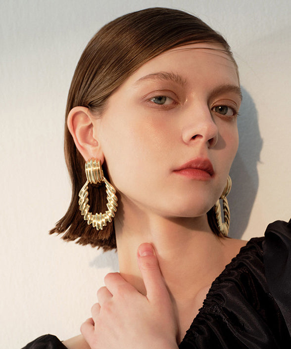 Modern Gold Wrinkled Hollow Out Exaggeration Gold Plated Drop Earrings