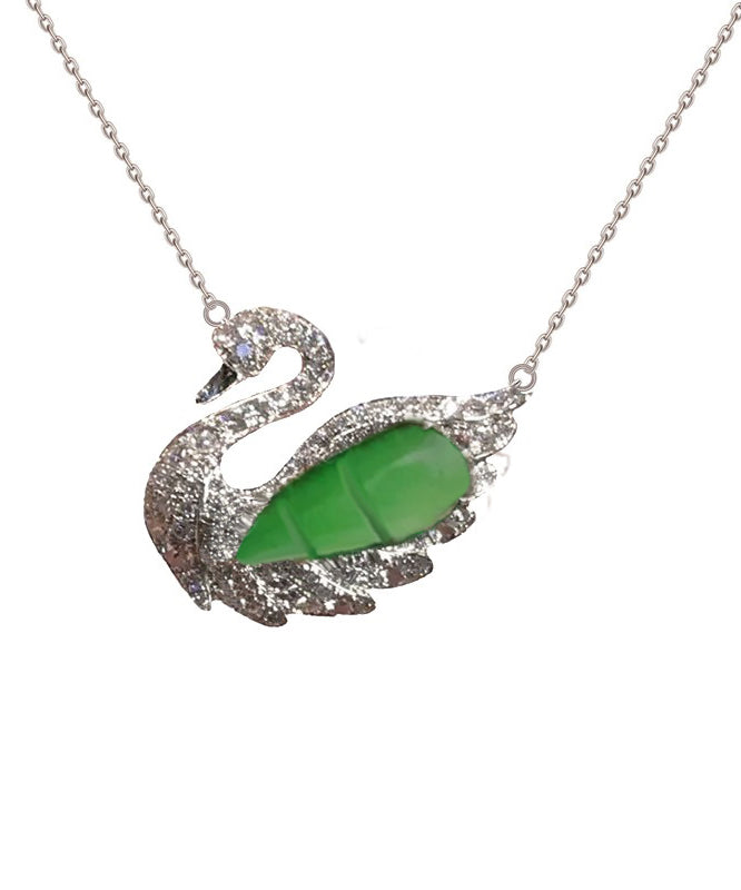 Modern Green Sterling Silver Jade Little Swan Pendant Necklace Ac1043