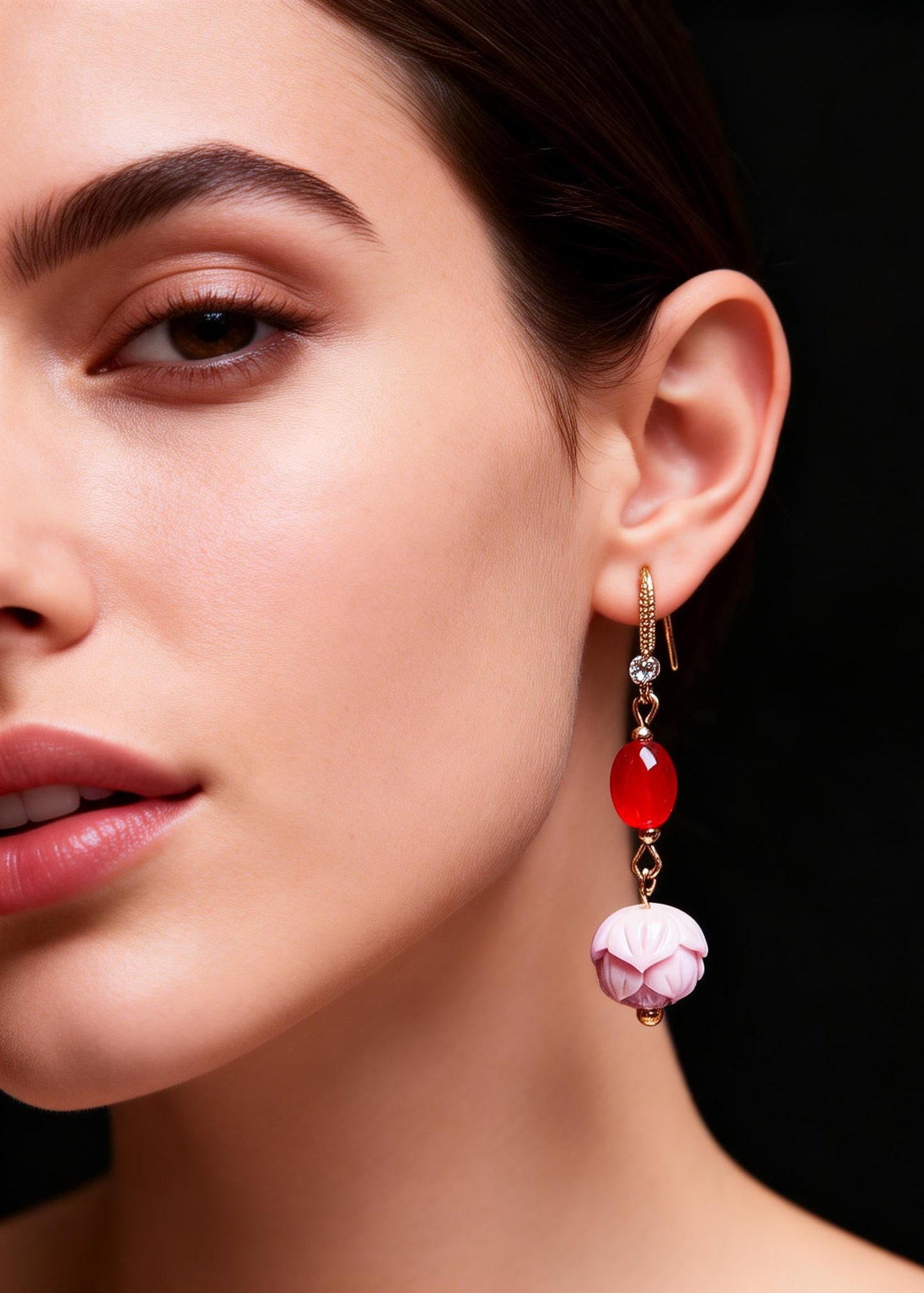 Modern Pink Lotus Flower Stone Drop Earrings