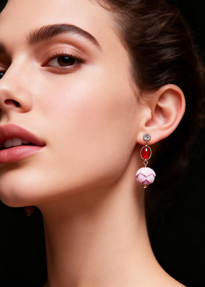 Modern Pink Lotus Flower Stone Drop Earrings