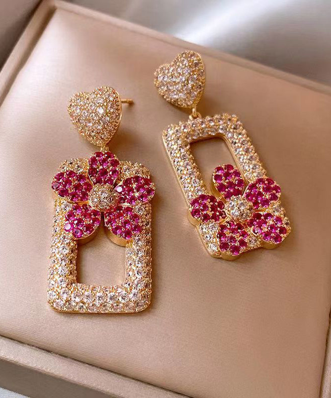 Modern Rose Sterling Silver Overgild Zircon Love Rectangular Shape Drop Earrings Df1026