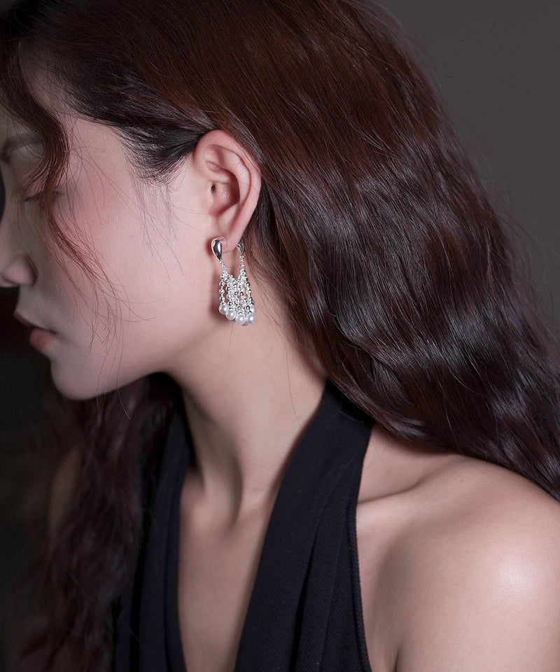 Modern Silk Copper Overgild Pearl Tassel Hoop Earrings
