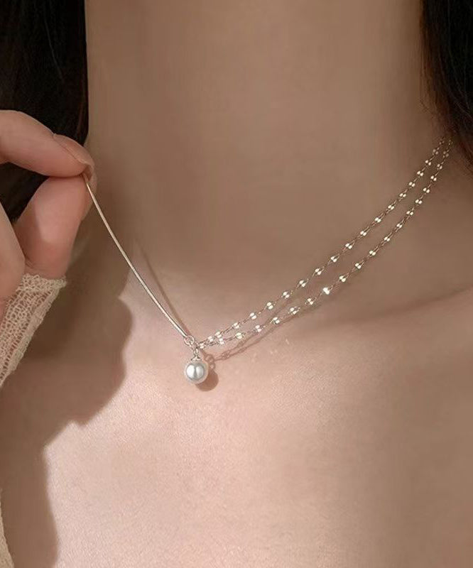 Modern Silk Sterling Silver Double Layer Pearl Pendant Necklace Ra012
