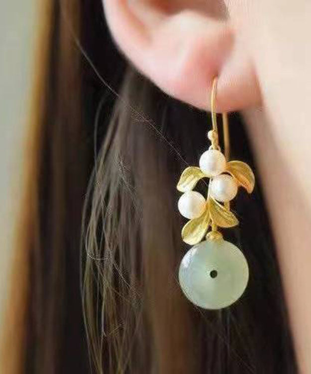 Modern White Sterling Silver Overgild Inlaid Pearl Jade Drop Earrings Tw1013
