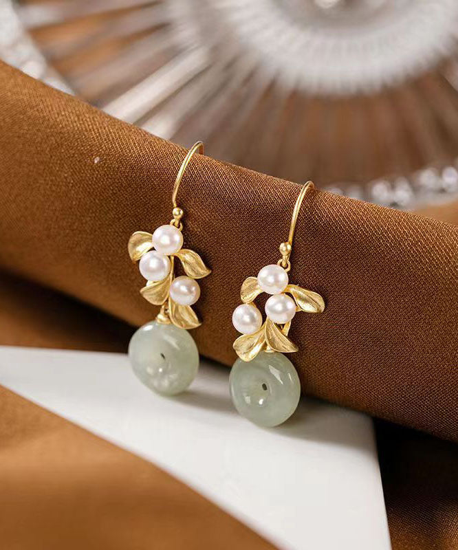 Modern White Sterling Silver Overgild Inlaid Pearl Jade Drop Earrings Tw1013