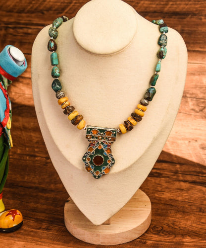 Multicolor Retro Sterling Silver Honey Wax Turquoise Pendant Necklace Rg001