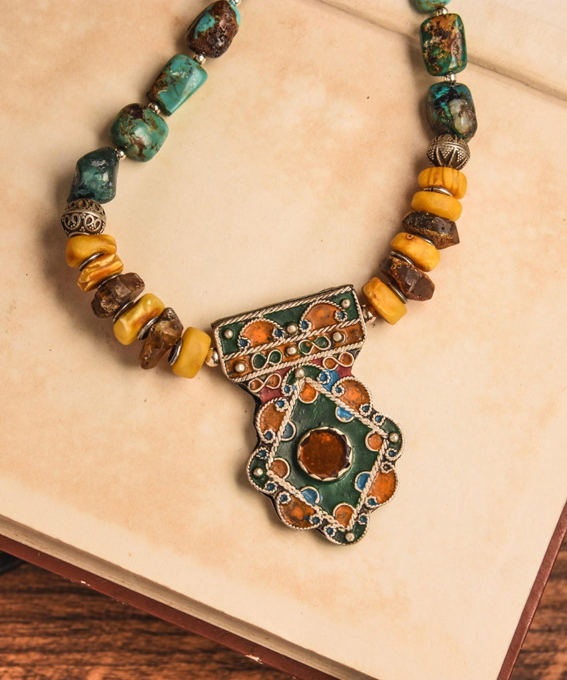 Multicolor Retro Sterling Silver Honey Wax Turquoise Pendant Necklace Rg001