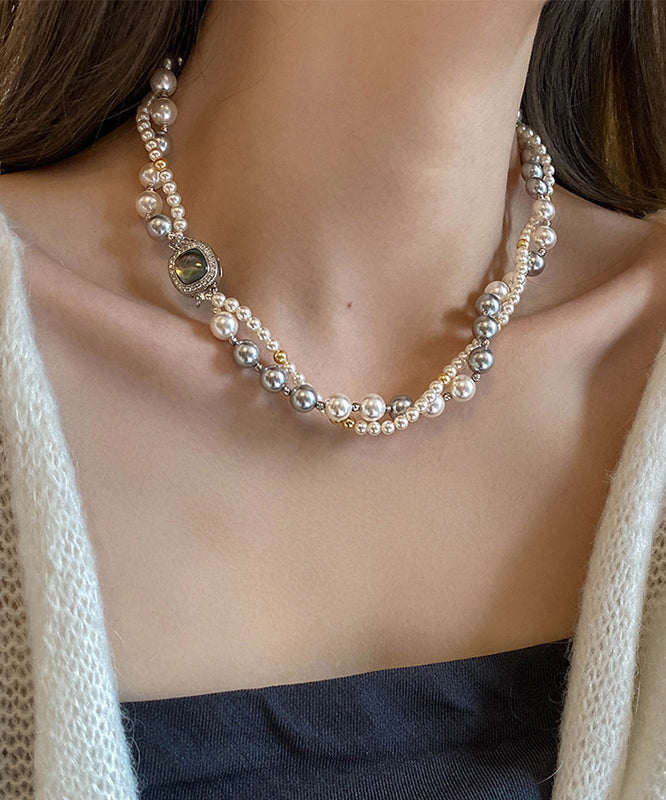 New Colorblock Alloy Zircon Double Layer Pearl Gratuated Bead Necklace Et028