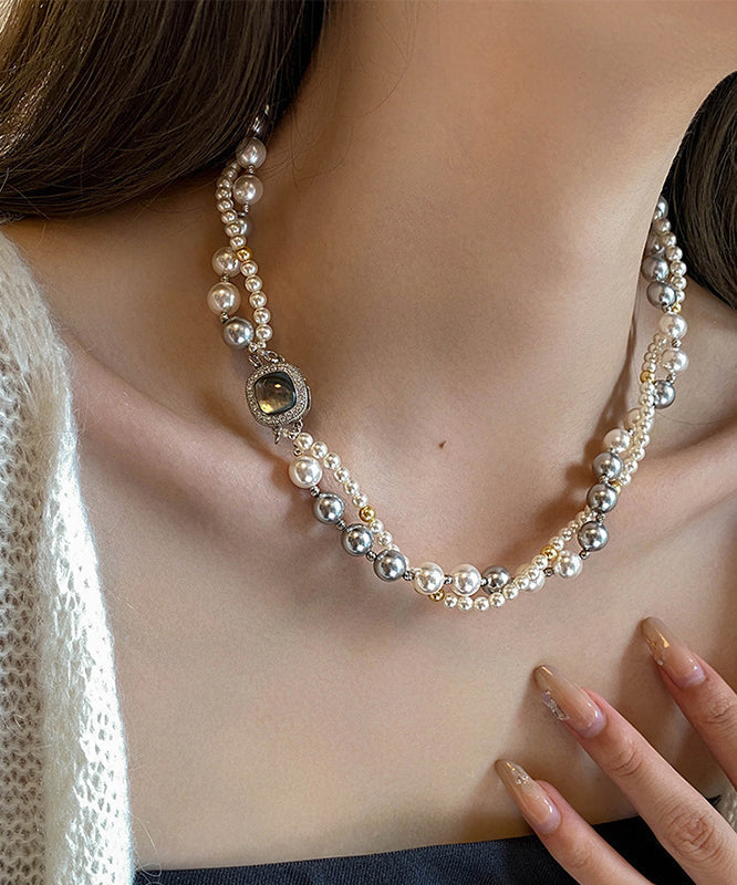New Colorblock Alloy Zircon Double Layer Pearl Gratuated Bead Necklace Et028