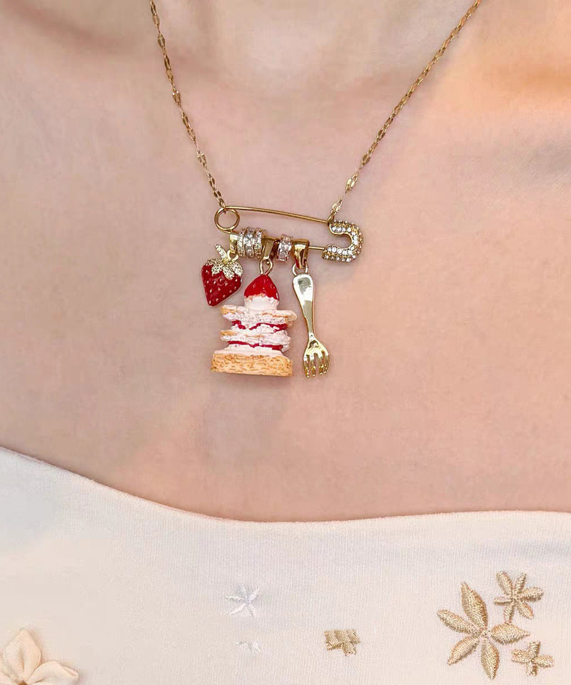 New Gold Sterling Silver Overgild Strawberry Cake Pendant Necklace