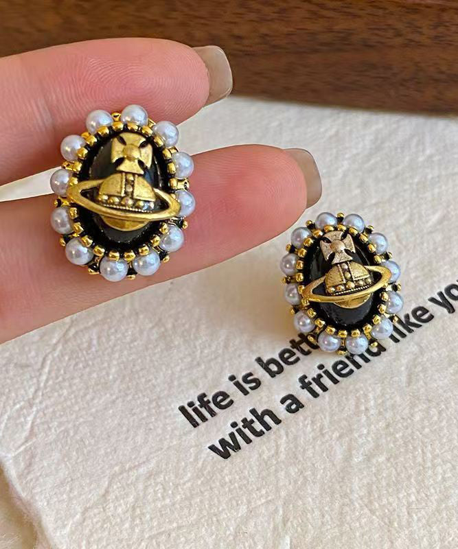 New Black Metal Pearl Stud Earrings