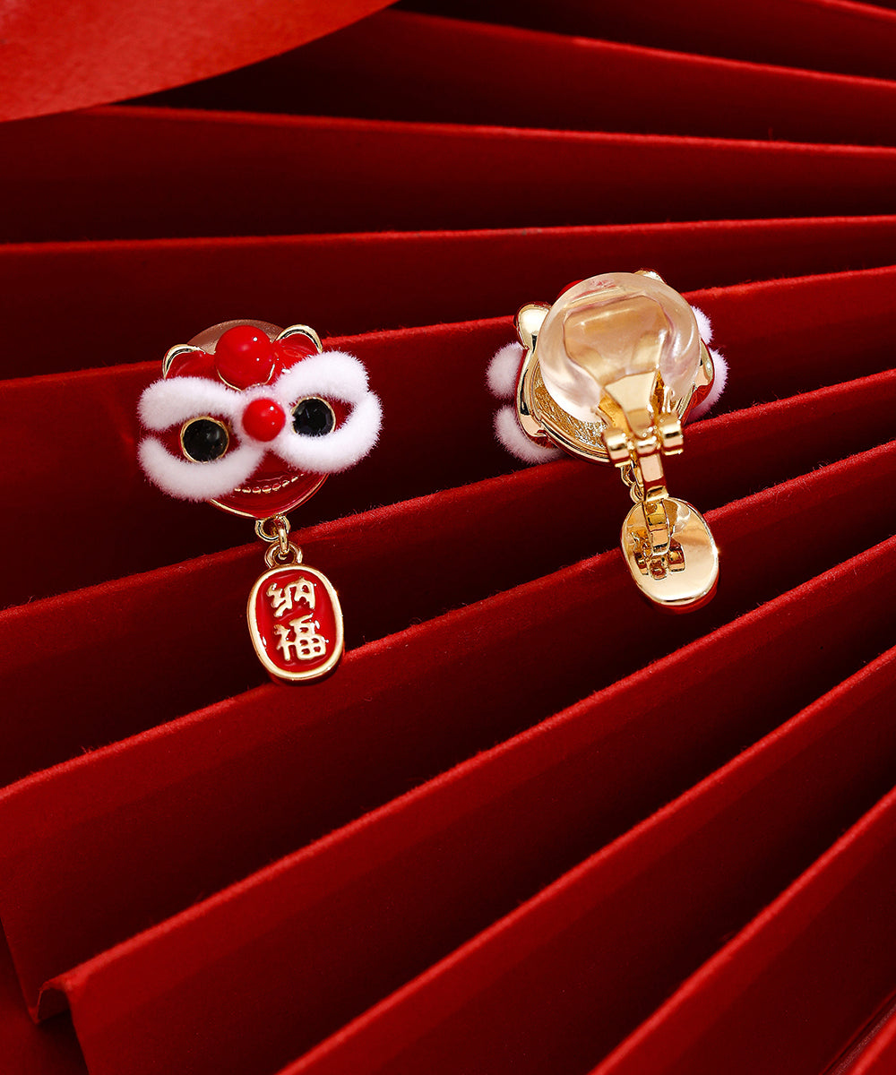 New Red Copper 14k Gold 14k Gold Lion Dance Drop Earrings