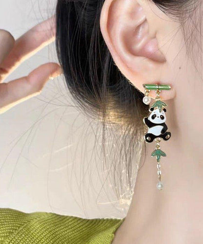 Novelty Colorblock Metal Alloy Zircon Pearl Panda Bamboo Joint Tassel Drop Earrings Kx1050