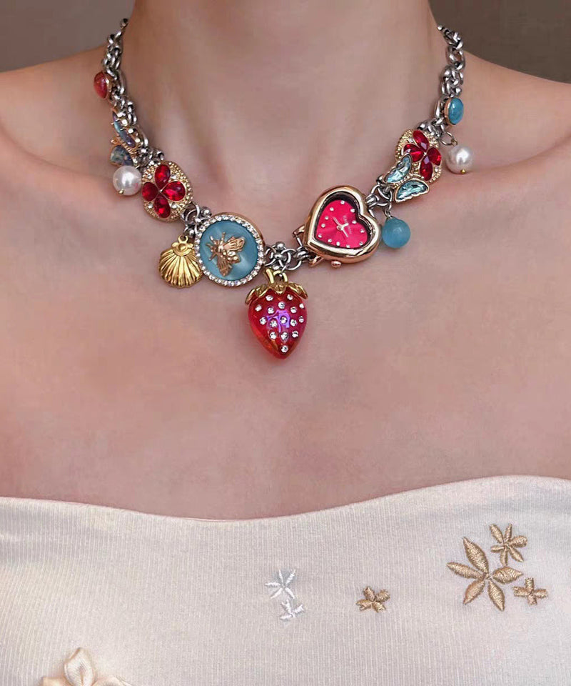 Novelty Rainbow Stainless Steel Strawberry Clock Butterfly Pendant Necklace